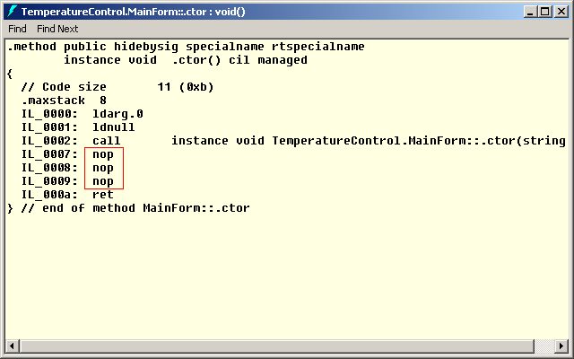Screenshot des Programms IL DASM zum Anzeigen des generierten CIL-Codes, der in diesem Fall einige nops zeigt.