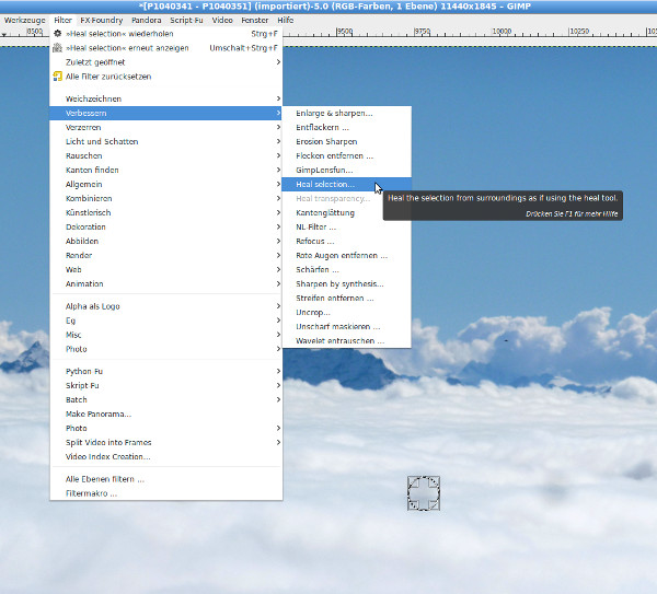 Gimp-Filter »Heal Selection« bei der Arbeit